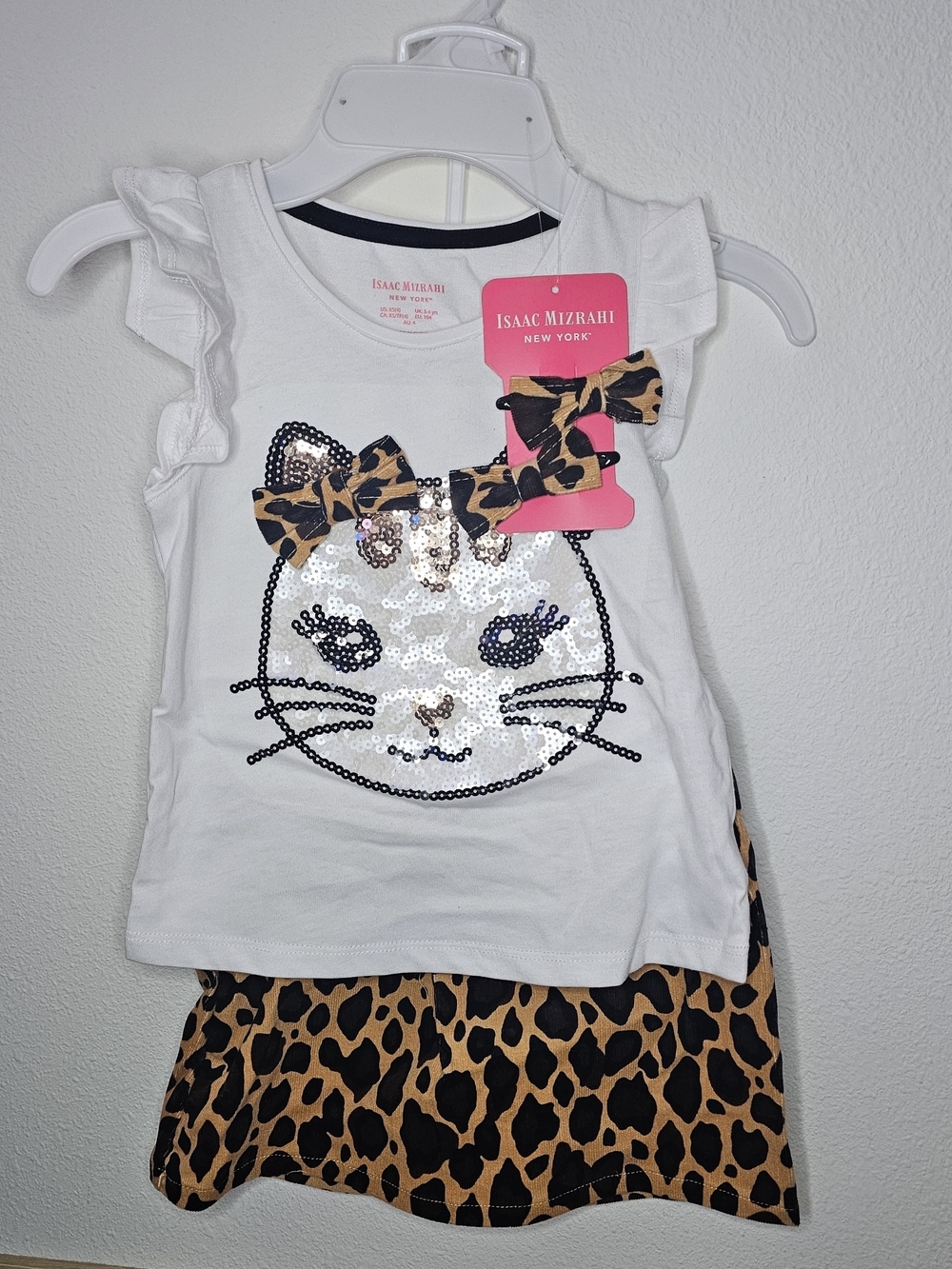 Isaac Mizrahi Girls White Sequin Cat Tank Top with Leopard Bow